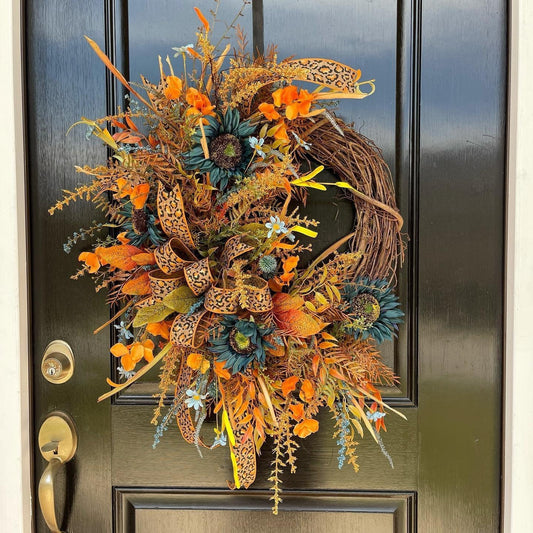 Harvest Wreath with Leopard Ribbon Bow VCI Imports
