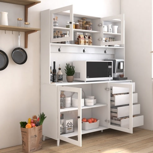 63W Large Freestanding Pantry Cupboard With 4 Doors, 4 Drawers & Microwave Shelf, White Divine Heart L.A.