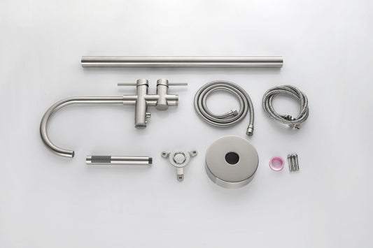 Freestanding Tub Filler Faucet in Brushed Nickel with Handheld Shower Spray Doba