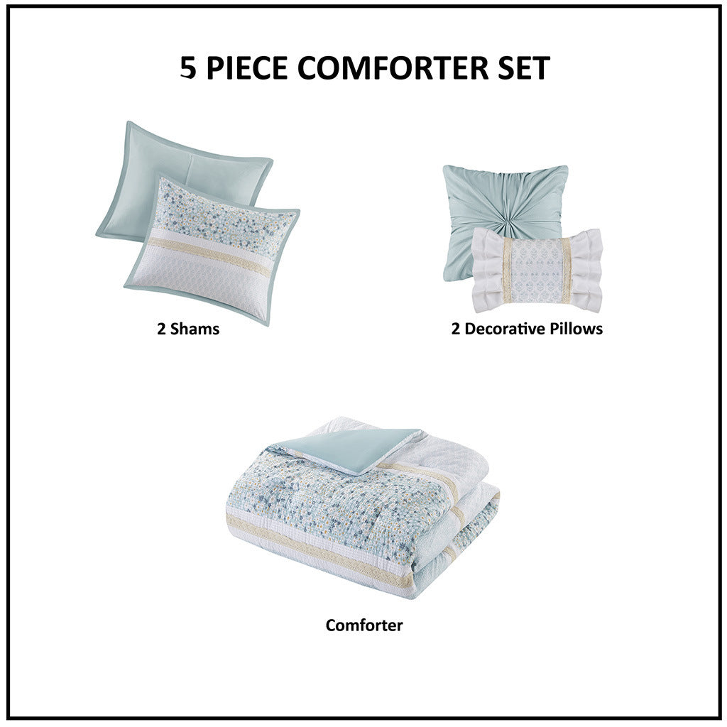 5 Piece Seersucker Comforter Set with Throw Pillows Doba
