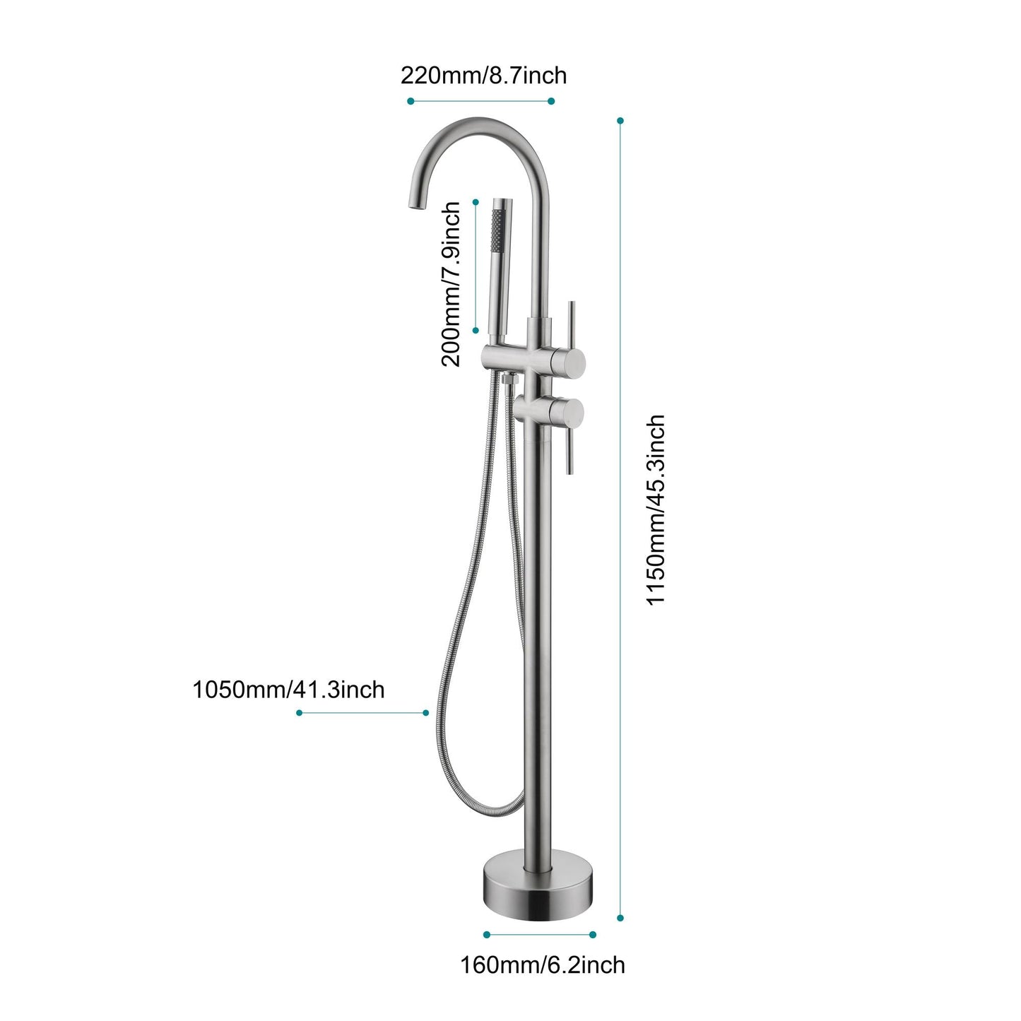 Freestanding Tub Filler Faucet in Brushed Nickel with Handheld Shower Spray Doba