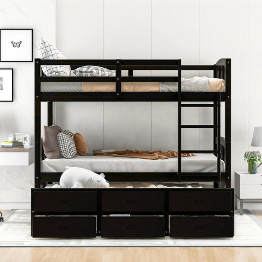Twin over Twin Wood Bunk Bed with Trundle and Drawers Doba