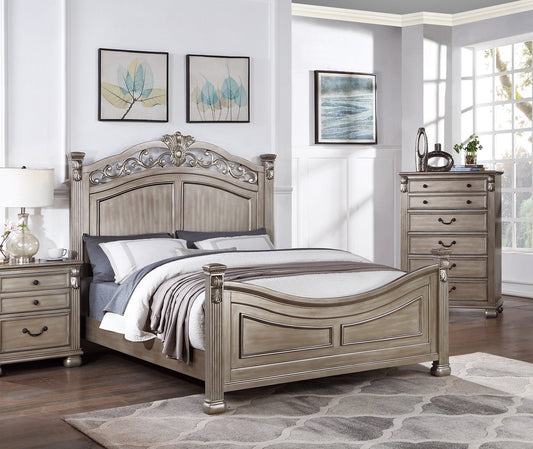 Formal Traditional Antique Silver 1pc California King Size Bed Unique Design Headboard Footboard Bedframe Doba