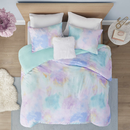 Cassie Watercolor Tie Dye Duvet Cover Set with Throw Pillow Doba