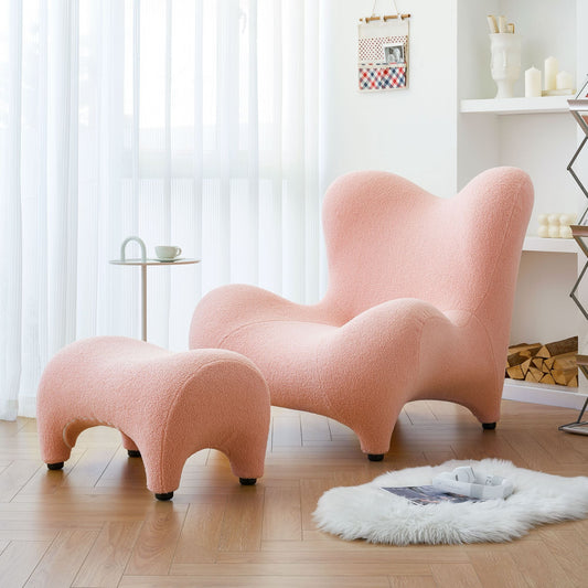 Whimsy High Back Sherpa Armchair with Footstool in Pink Doba