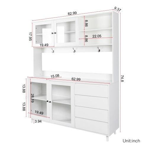 63W Large Freestanding Pantry Cupboard With 4 Doors, 4 Drawers & Microwave Shelf, White