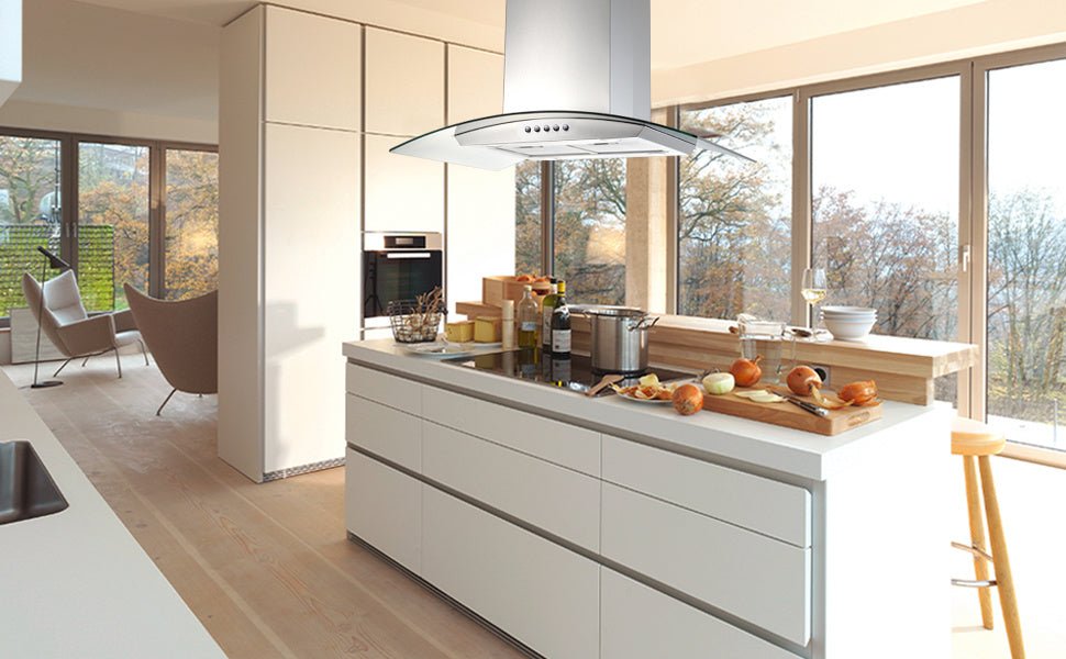 36 inch Stainless Steel Island Mount Range Hood 900CFM Tempered Glass w/LED Lights - Divine Heart L.A.