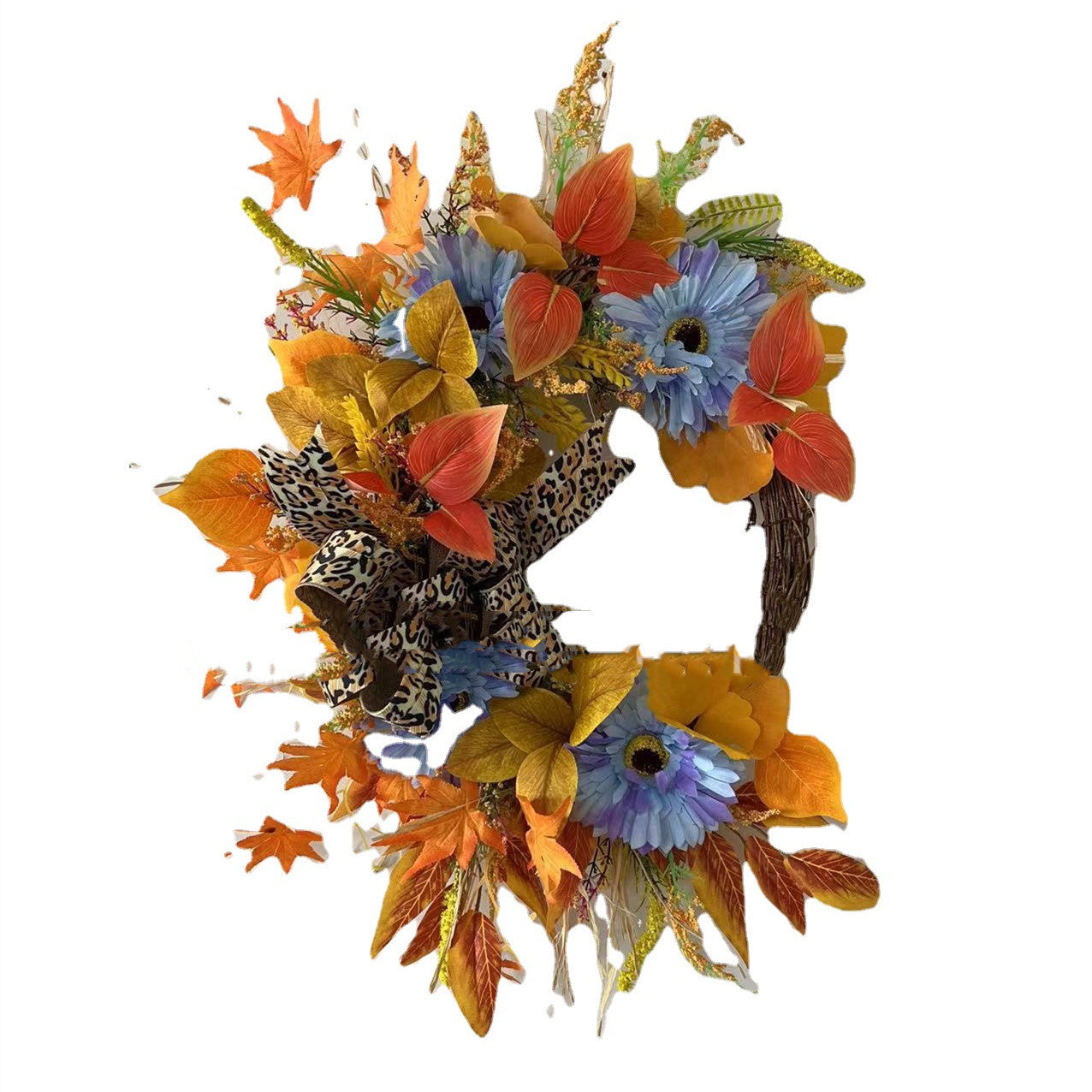 Harvest Wreath with Leopard Ribbon Bow