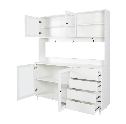 63W Large Freestanding Pantry Cupboard With 4 Doors, 4 Drawers & Microwave Shelf, White
