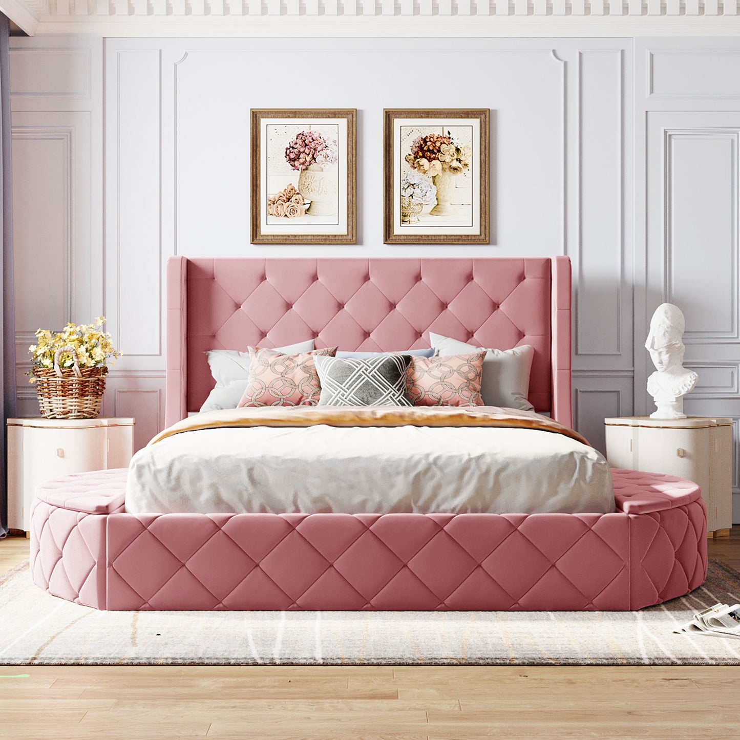 Stratton Upholstered Queen Platform Bed with Wingback Headboard and Storage