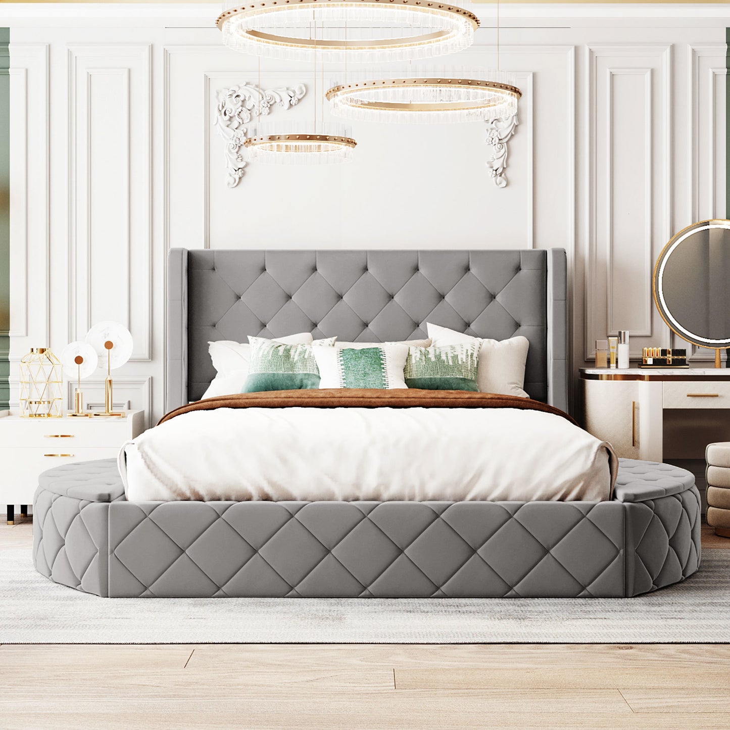 Stratton Upholstered Queen Platform Bed with Wingback Headboard and Storage