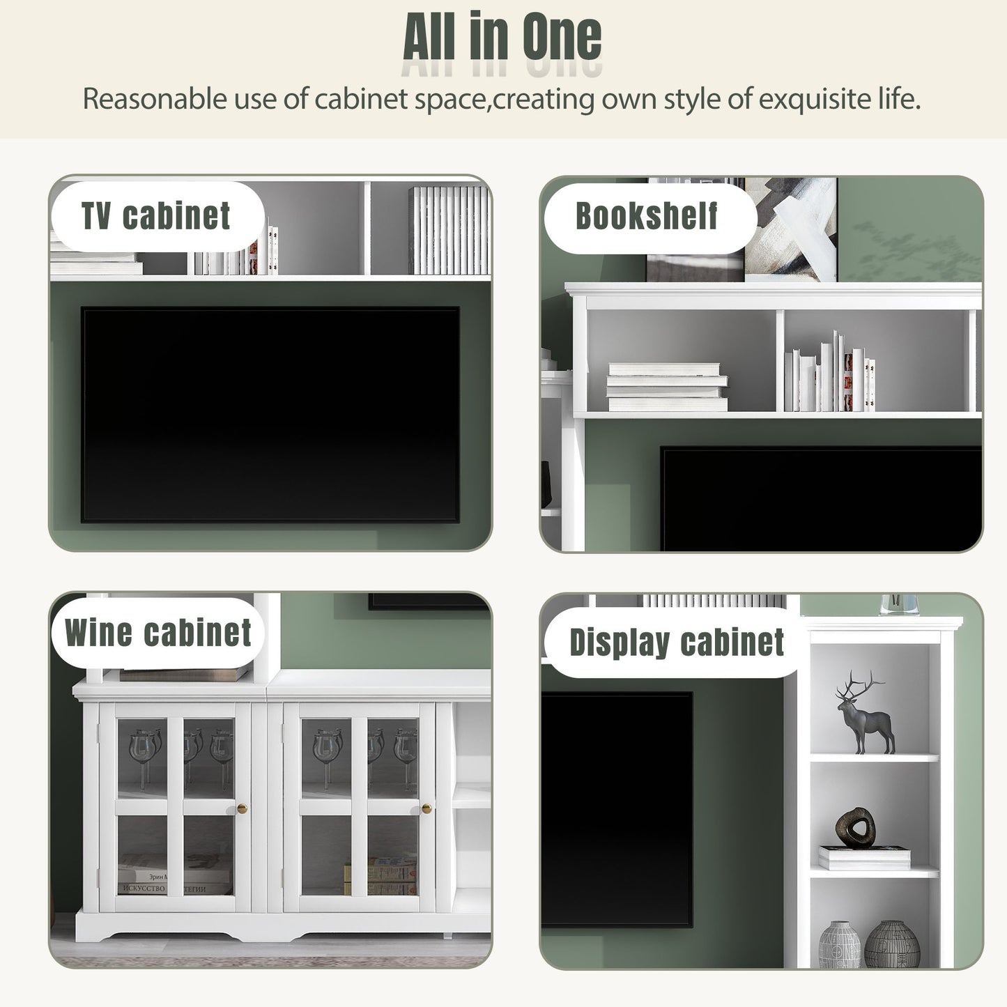 Entertainment Wall Unit with Bridge and Tempered Glass Door in White