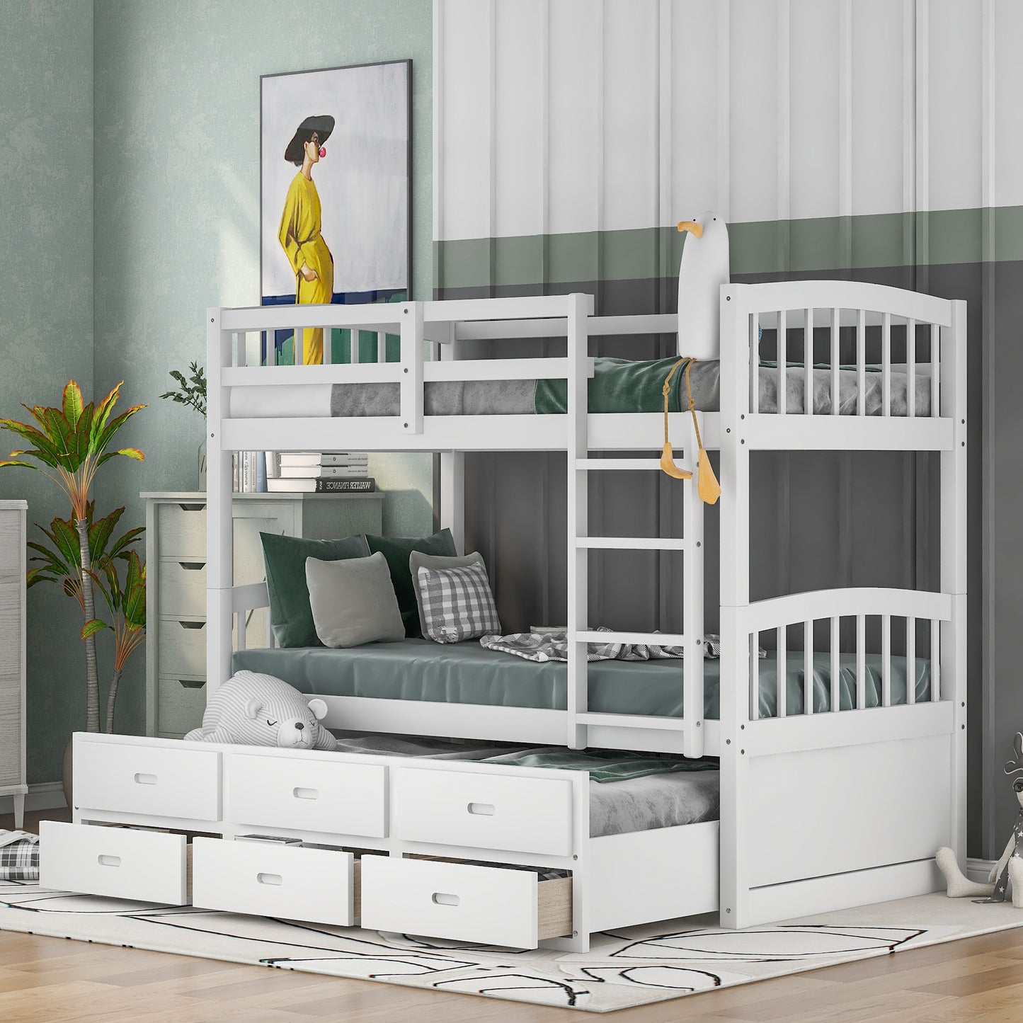 Twin over Twin Wood Bunk Bed with Trundle and Drawers
