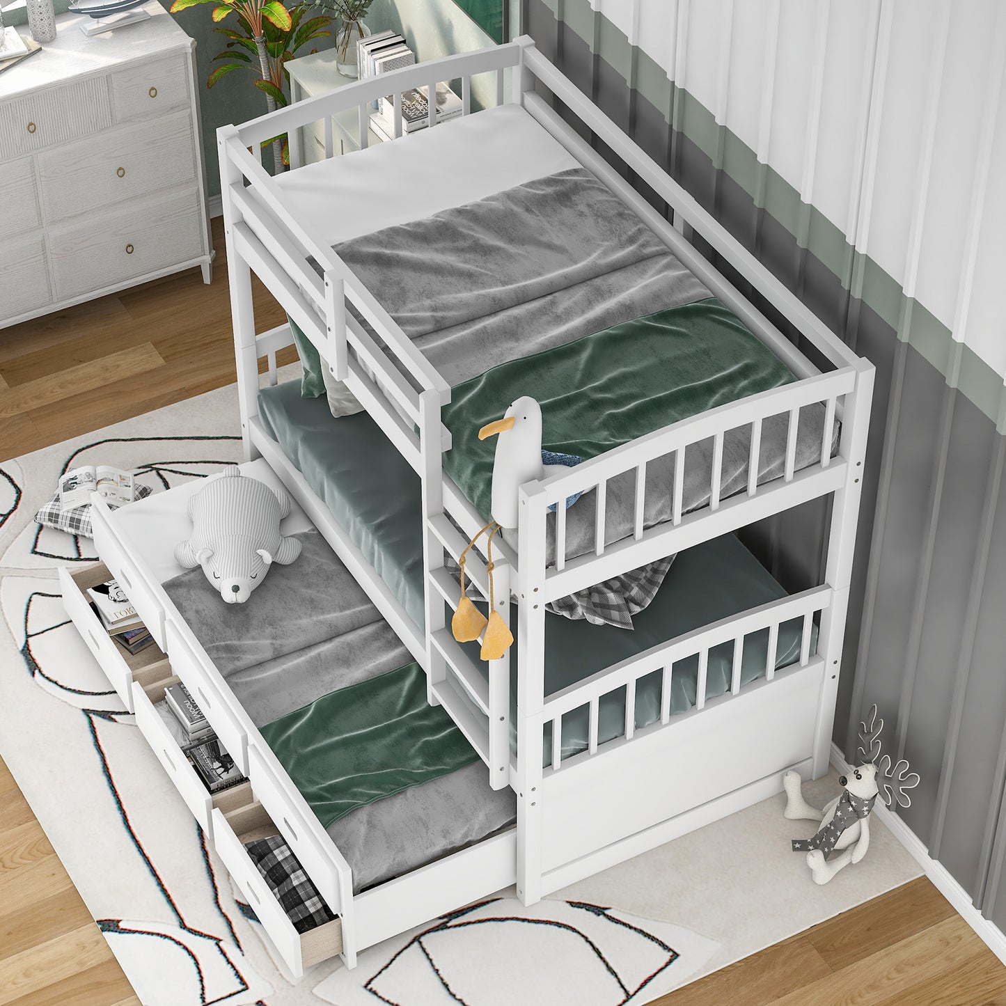 Twin over Twin Wood Bunk Bed with Trundle and Drawers