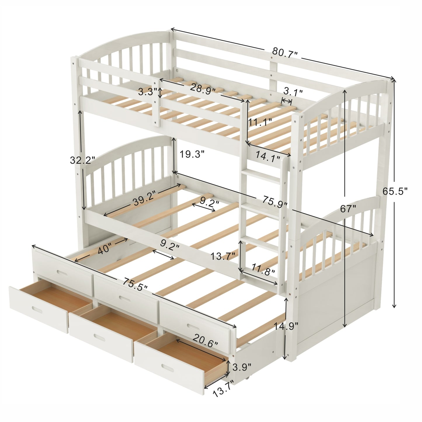 Twin over Twin Wood Bunk Bed with Trundle and Drawers