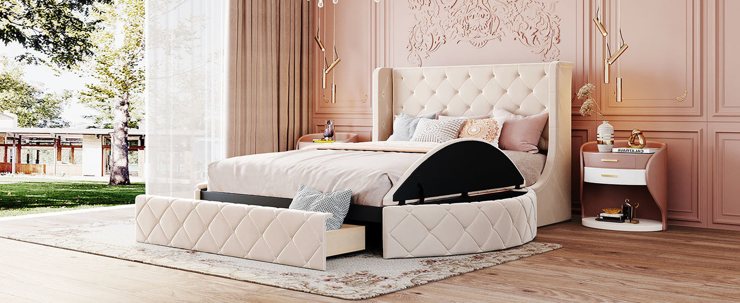 Stratton Upholstered Queen Platform Bed with Wingback Headboard and Storage