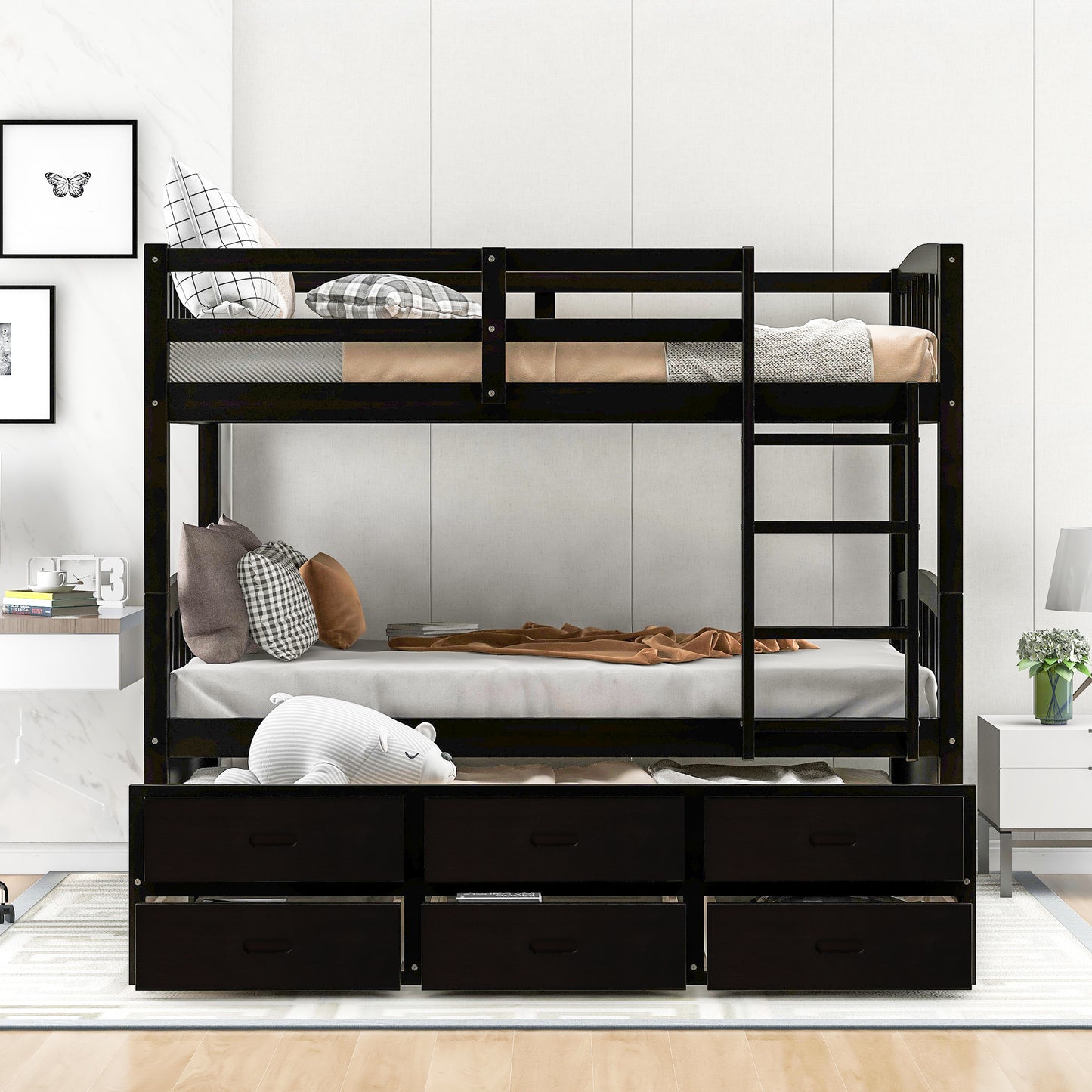 Twin over Twin Wood Bunk Bed with Trundle and Drawers