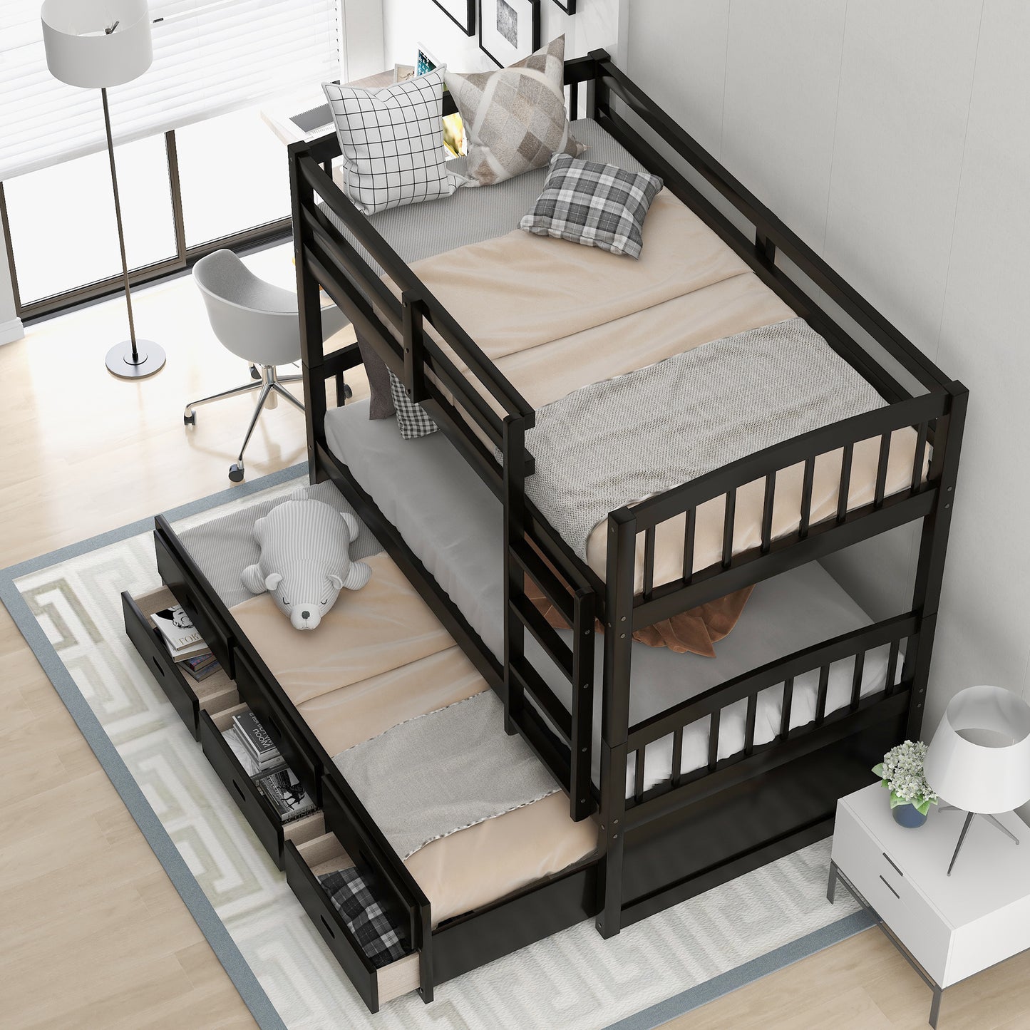 Twin over Twin Wood Bunk Bed with Trundle and Drawers
