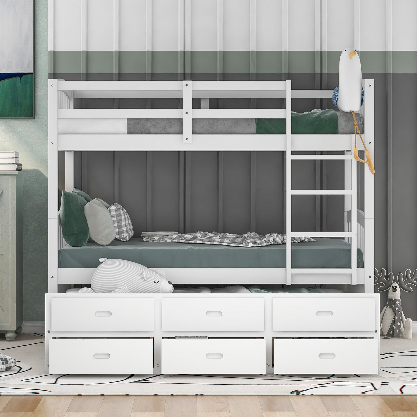 Twin over Twin Wood Bunk Bed with Trundle and Drawers