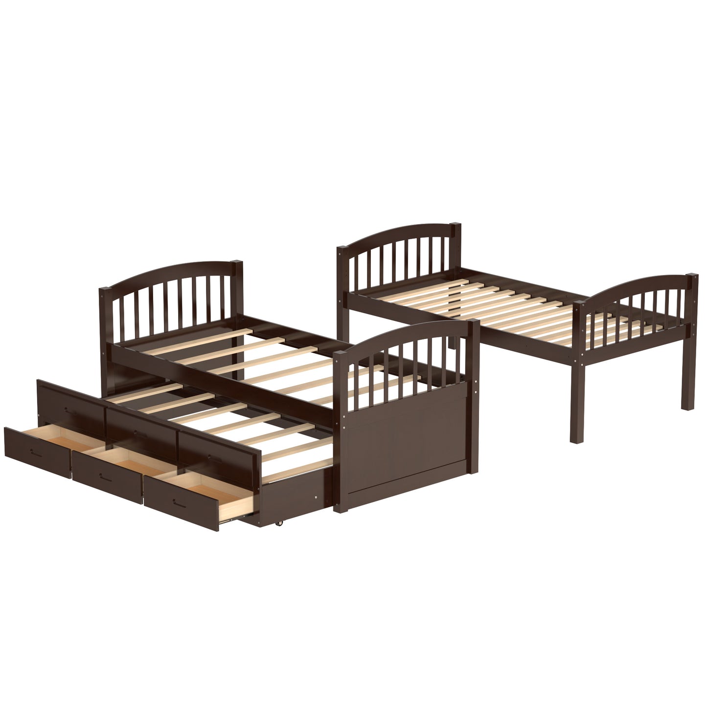 Twin over Twin Wood Bunk Bed with Trundle and Drawers