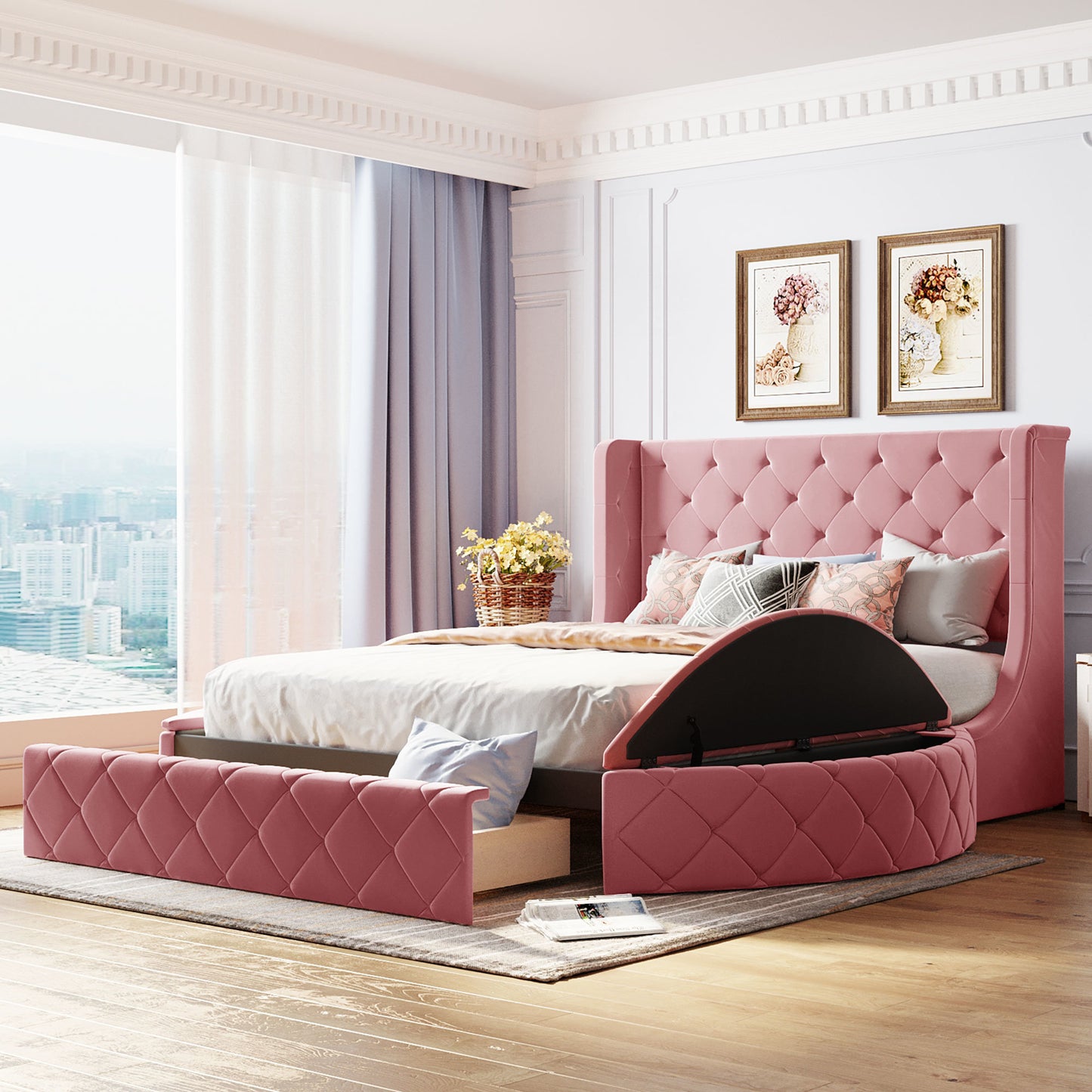 Stratton Upholstered Queen Platform Bed with Wingback Headboard and Storage