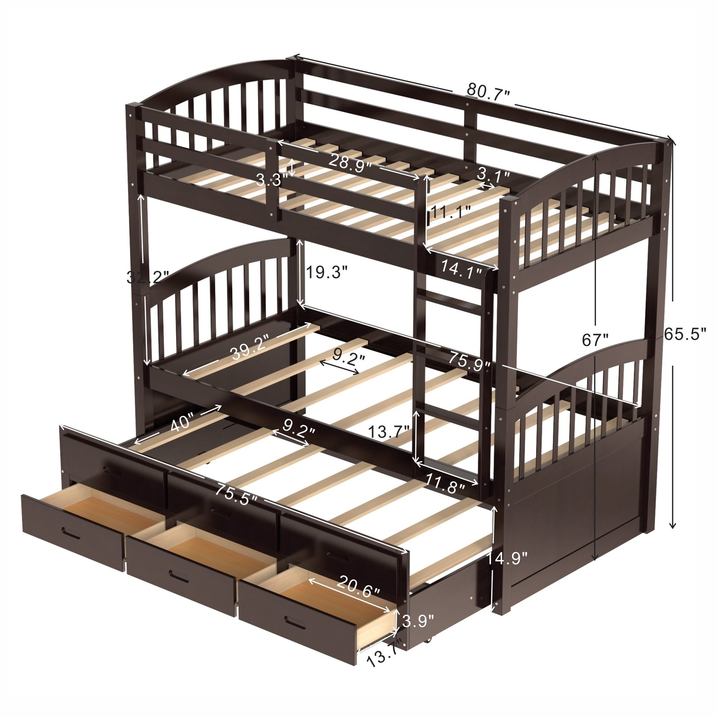Twin over Twin Wood Bunk Bed with Trundle and Drawers