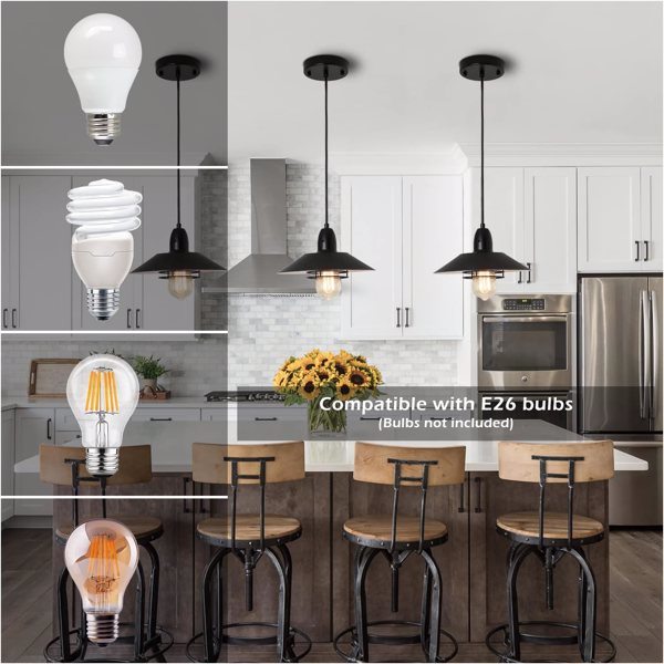Farmhouse Vintage Pendant Light Black Fixture Pendant Lights with Spring Frame Adjustable Metal Hanging Lamp for Kitchen Island Dining Room Bedroom Living Room Barn Entryway, E26 - Divine Heart L.A.