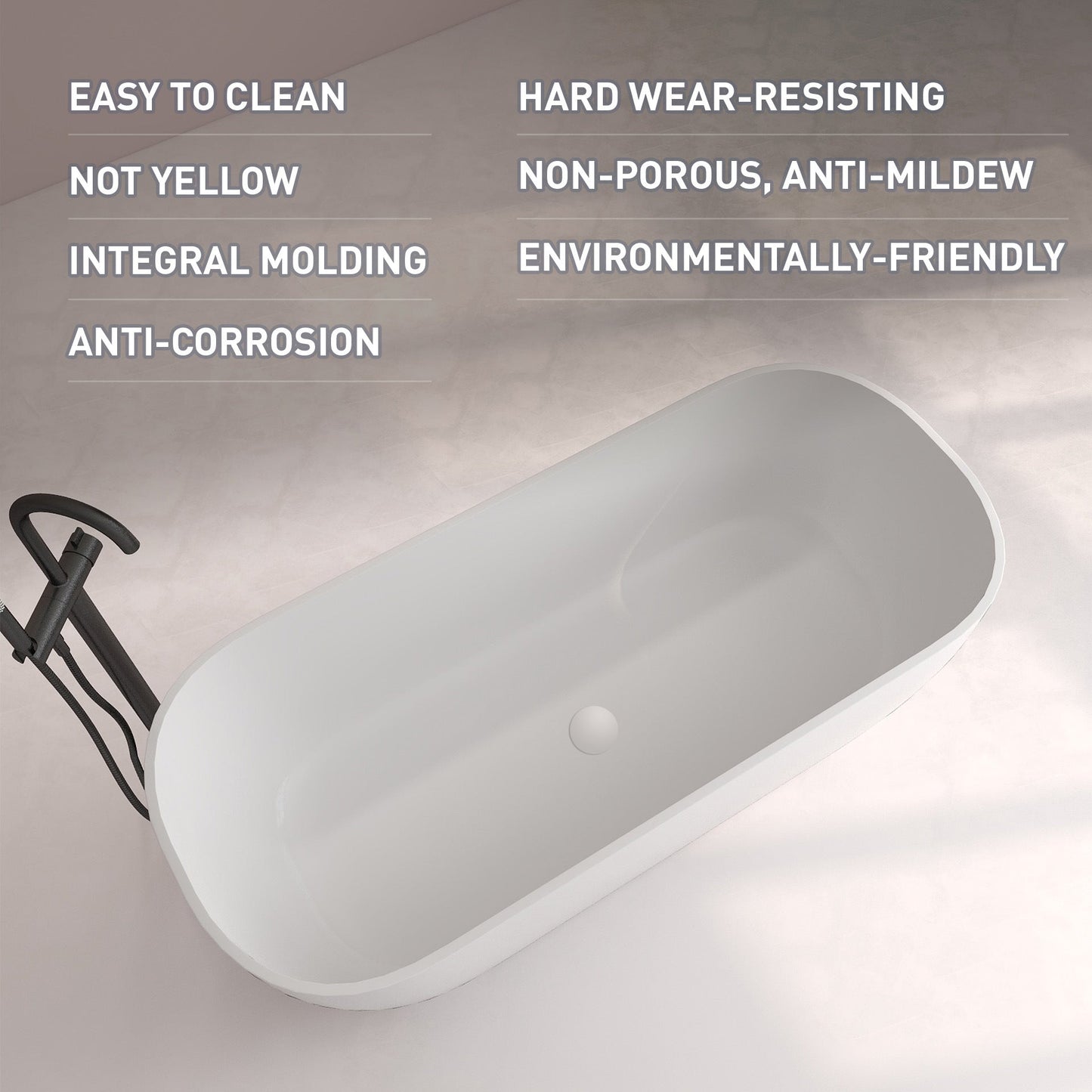 FRALIMK 63" x 30" x 22" Flatbottom Freestanding Solid Surface Resin Stone Bathtub Soaking Tub In Soft White Matte - Divine Heart L.A.