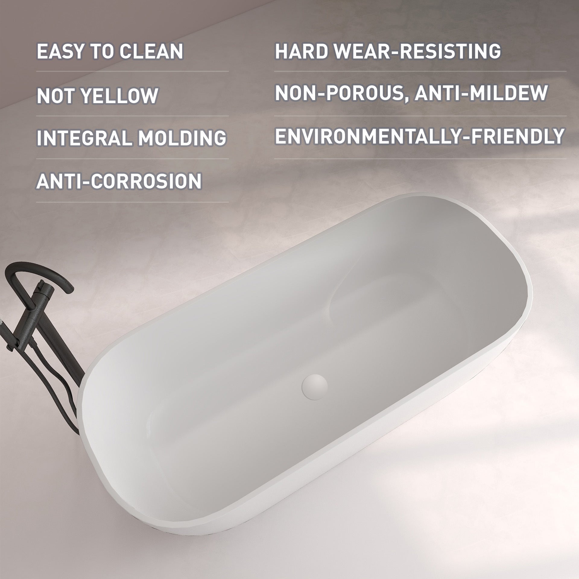 FRALIMK 63" x 30" x 22" Flatbottom Freestanding Solid Surface Resin Stone Bathtub Soaking Tub In Soft White Matte - Divine Heart L.A.