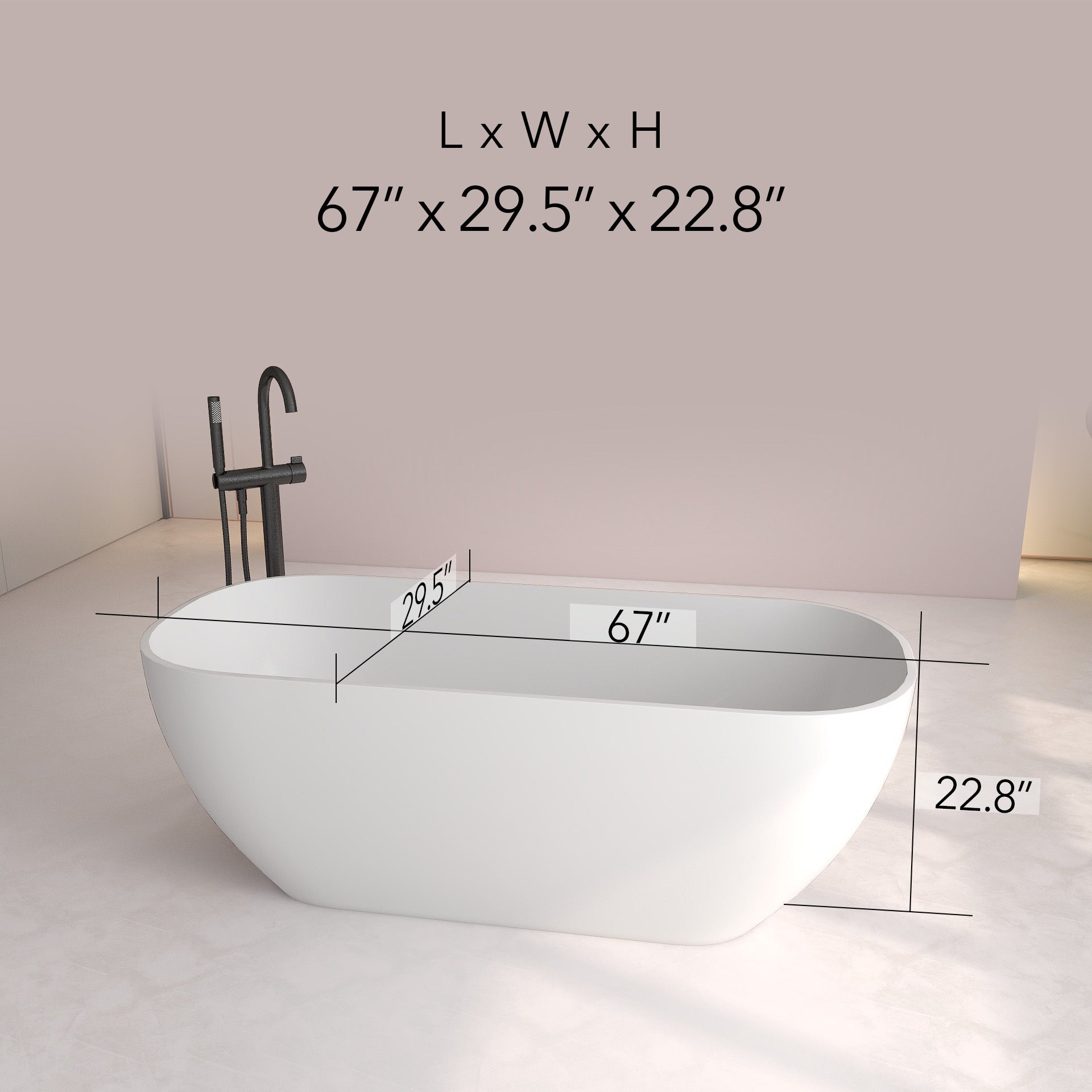 FRALIMK 63" x 30" x 22" Flatbottom Freestanding Solid Surface Resin Stone Bathtub Soaking Tub In Soft White Matte - Divine Heart L.A.