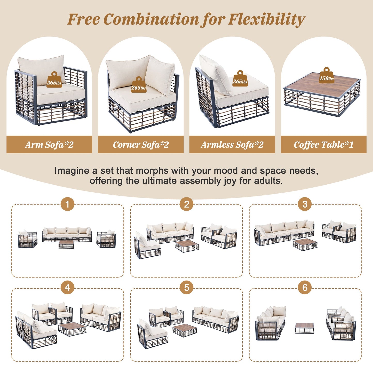 Modern Minimalist 7-Pc. Metal Patio Sofa Set with Thick Cushions and Coffee Table - Divine Heart L.A.