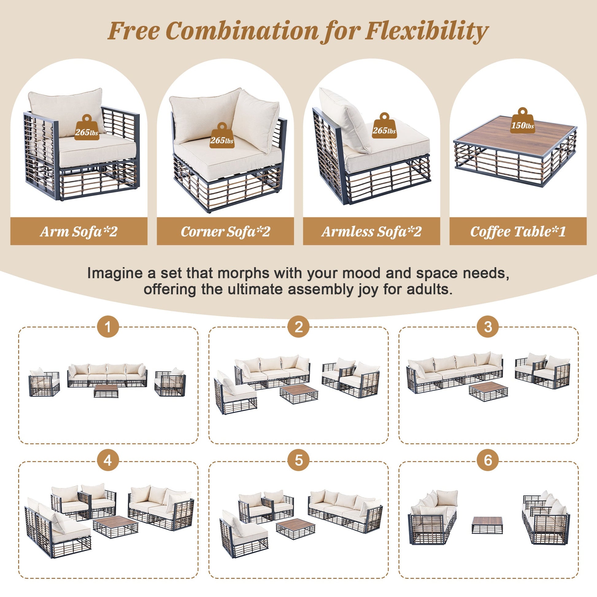 Modern Minimalist 7-Pc. Metal Patio Sofa Set with Thick Cushions and Coffee Table - Divine Heart L.A.