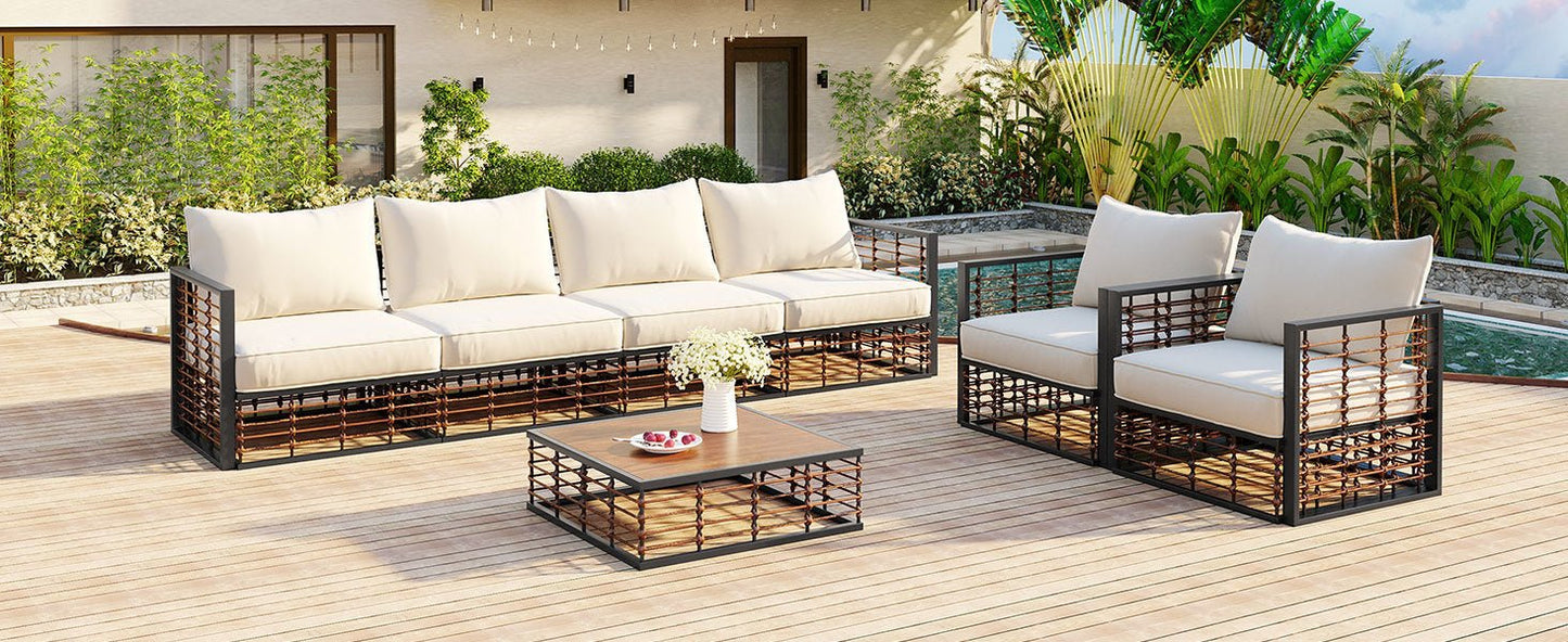 Modern Minimalist 7-Pc. Metal Patio Sofa Set with Thick Cushions and Coffee Table - Divine Heart L.A.