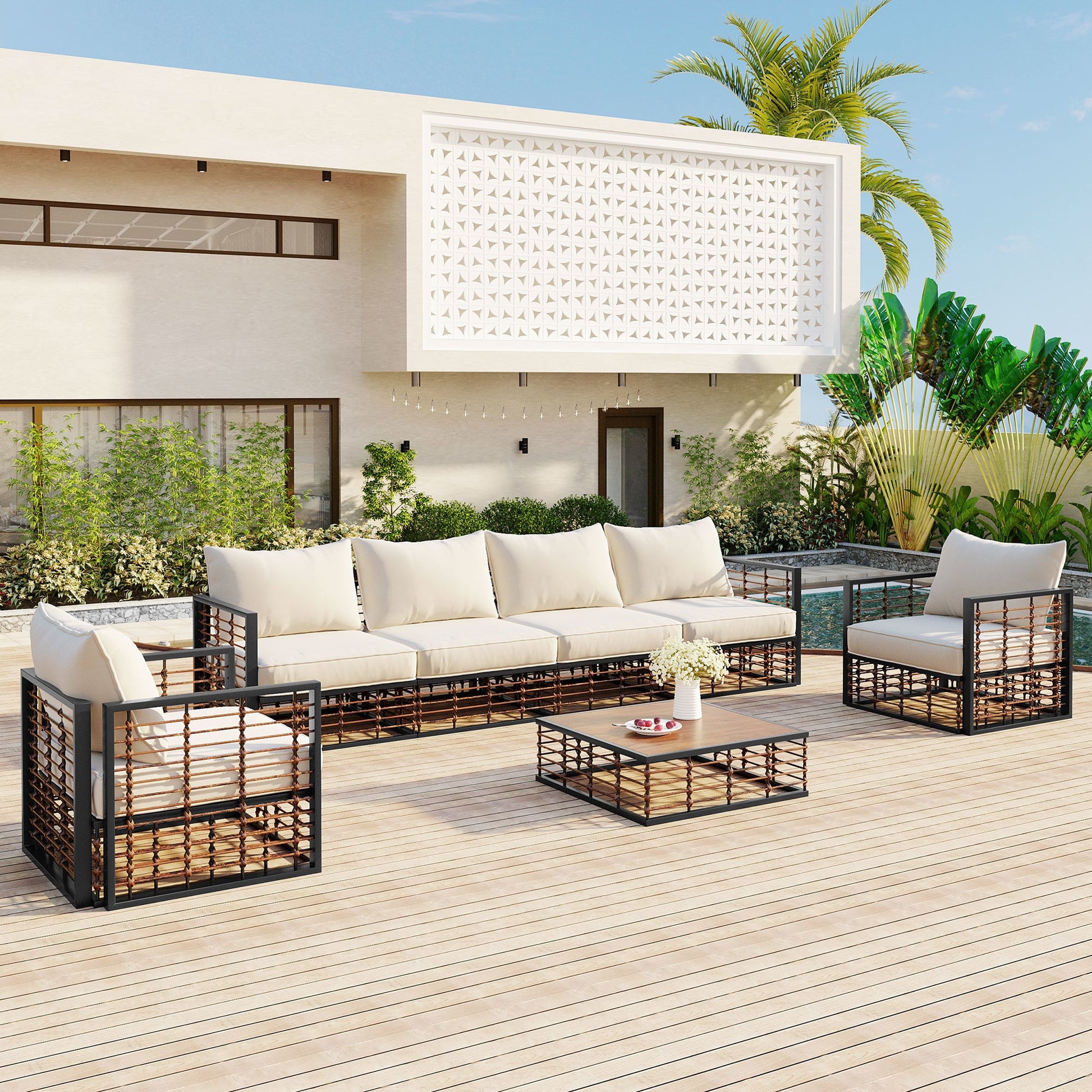 Modern Minimalist 7-Pc. Metal Patio Sofa Set with Thick Cushions and Coffee Table - Divine Heart L.A.