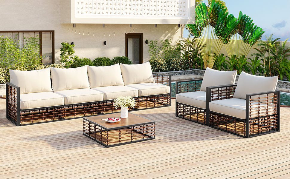 Modern Minimalist 7-Pc. Metal Patio Sofa Set with Thick Cushions and Coffee Table - Divine Heart L.A.