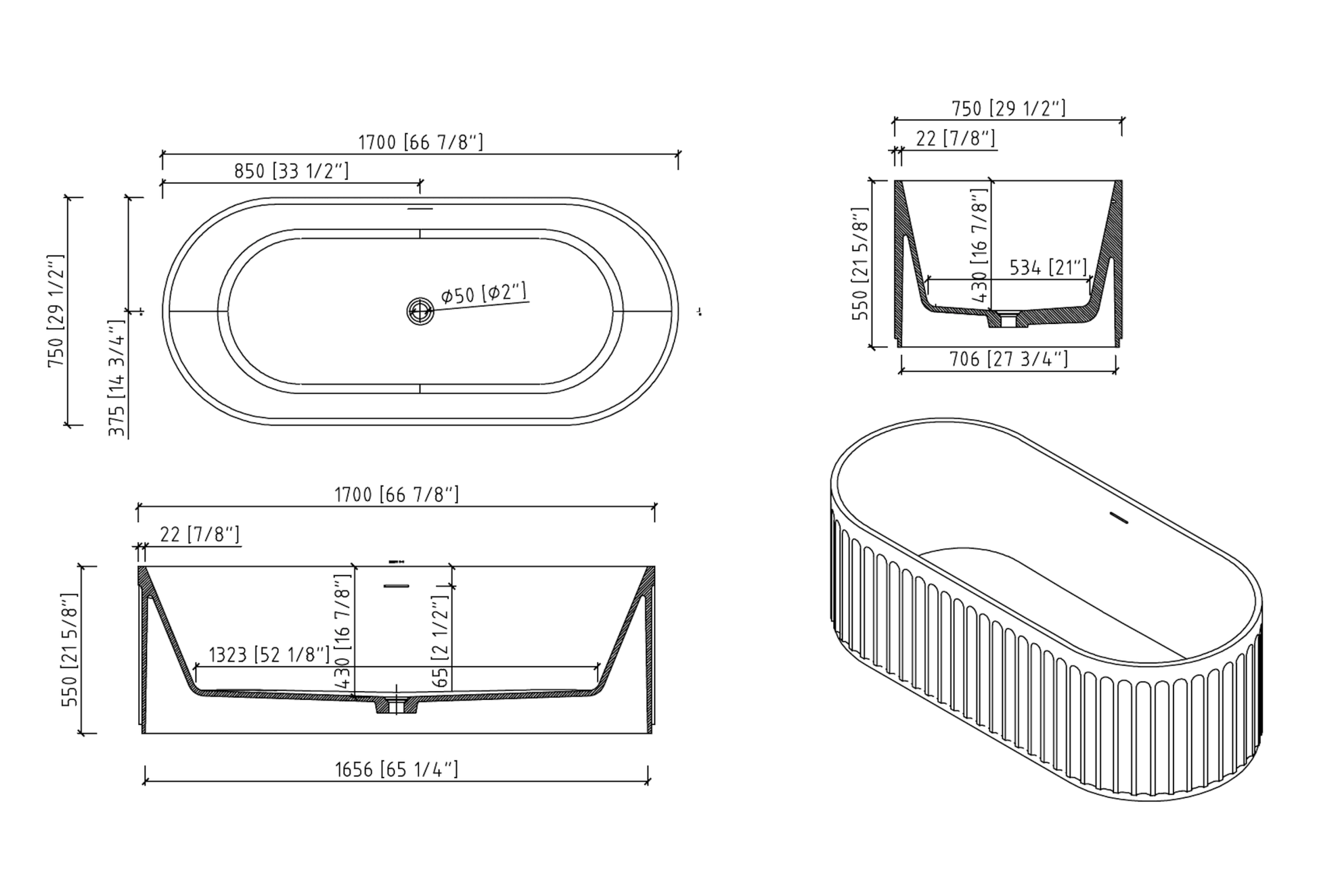 Solid Surface Freestanding Column Style Soaking Bathtub with Overflow and Drain, Matte White Finish, cUPC Certified - 67*29.5 23S13 - 67 - Divine Heart L.A.