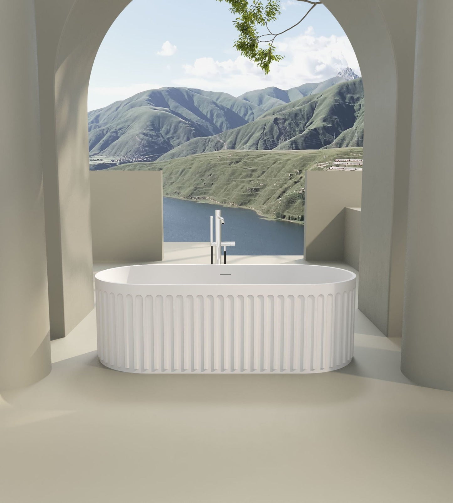 Solid Surface Freestanding Column Style Soaking Bathtub with Overflow and Drain, Matte White Finish, cUPC Certified - 67*29.5 23S13 - 67 - Divine Heart L.A.